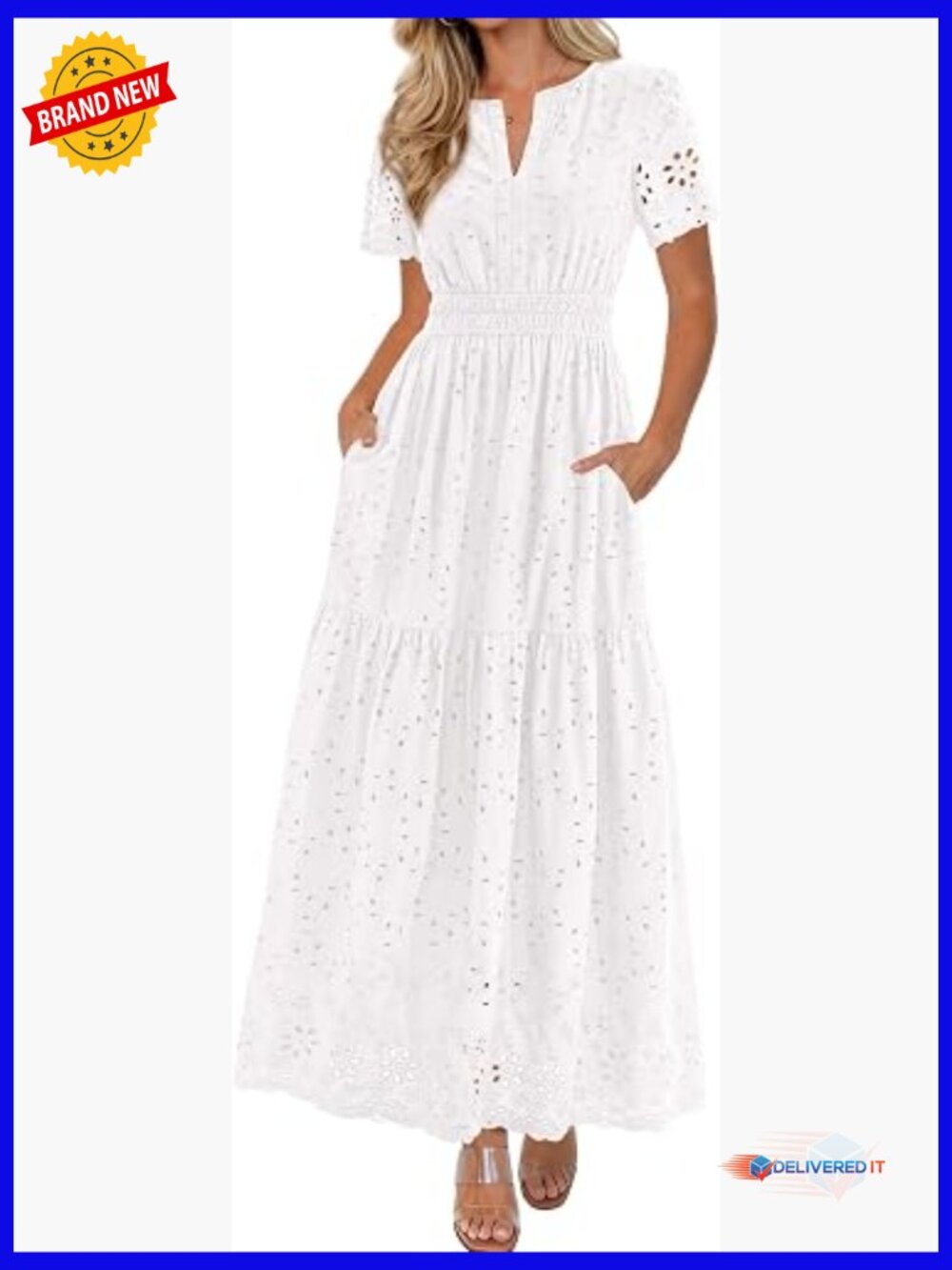Short Sleeve V Neck Cotton Hollow Out A Line Beach Vacation Long Dresses with